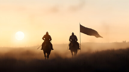 A duo of English heavy cavalrymen galloping across a field, their armor and horses shining, flags trailing behind. Minimalist landscape with focused action.


