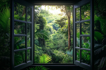 Window View of Dense Jungle from Canopy Walkway &ndash; Immersive Jungle Trekking Concept