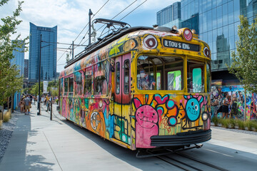 Fototapeta na wymiar Old Trolley with Street Art Displayed at Urban District – Summer Art Show Exhibit