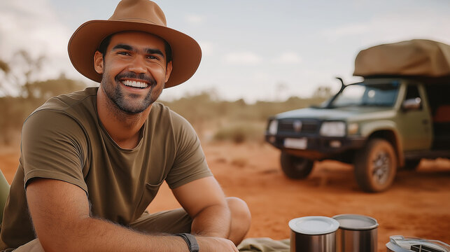 Smiling man camping in the Australian outback with off-road vehicle
