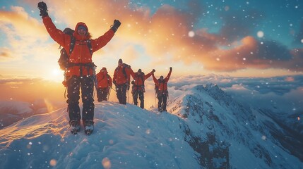 Mountaineers celebrating on snowy mountain summit at sunrise