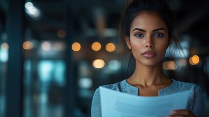 Obraz premium A focused woman examines paperwork while standing in a stylish office with ambient lighting