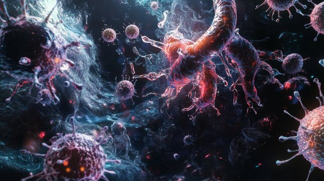 A cosmic scene where microbial forms appear to dance among the stars and cosmic waves, merging science fiction aesthetics with biological artistry in one display.