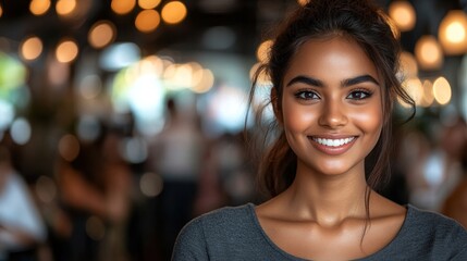 Obraz premium A woman with a bright smile stands in a cozy environment filled with people and warm lights