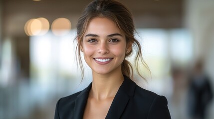 Obraz premium A professional young woman smiles warmly in a sleek black outfit inside a bright, modern office