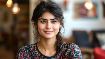 Obraz premium A young woman smiles warmly, showcasing her joyful personality in a charming café environment
