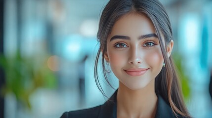 Obraz premium A confident young woman is smiling warmly in a contemporary office setting