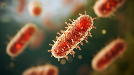 Fototapeta premium Close-up image of red bacteria cells with detailed surface structures, floating in an intricate environment, showcasing the vibrant essence of microbial life.