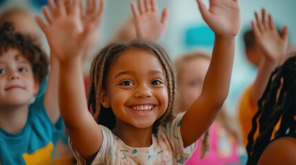 Fototapeta premium A joyful child raises her hand in a classroom setting, eager to participate.
