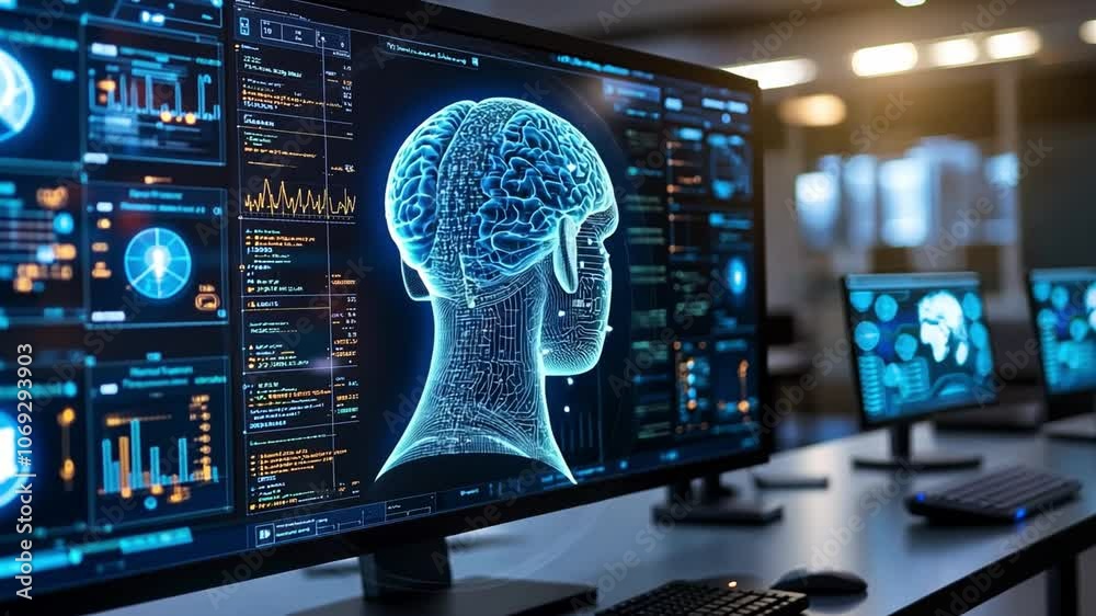 Poster advanced technology visualization of artificial intelligence and brain models in a modern workspace