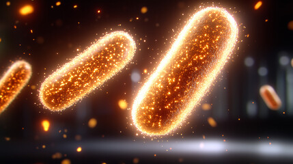 Obraz premium Bacteria in bifidobacteria. Glowing orange bacteria floating in dark room