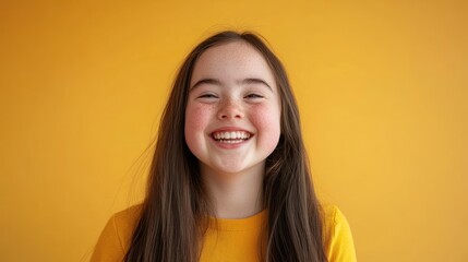 Naklejka premium A smiling girl with long hair against a bright yellow background.