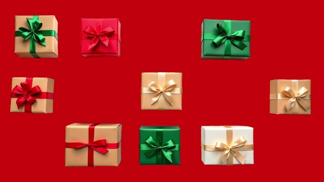 Christmas background animated screensaver with gift boxes, clews of rope on red. Preparation for holidays. Top view with pattern pretest boxes.