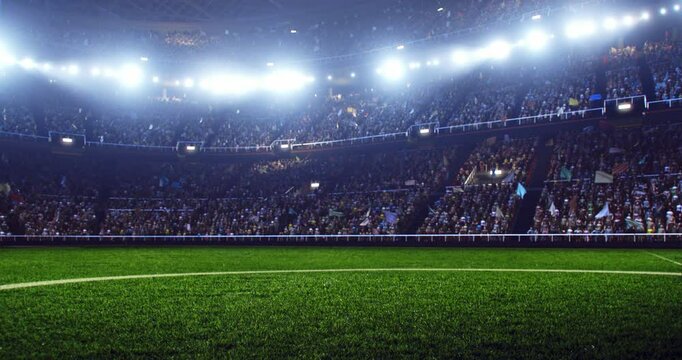 4k video of a professional football stadium with animated crowd at night. The stadium was made in 3d.