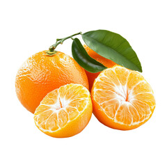 Freshly sliced orange with whole fruit and leaves