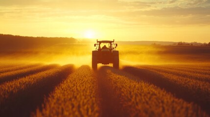 Fototapeta premium A tractor plows a field at sunset, creating a serene agricultural scene.