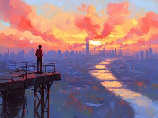 Fototapeta premium Person on a platform overlooking a city at sunrise with colorful clouds.