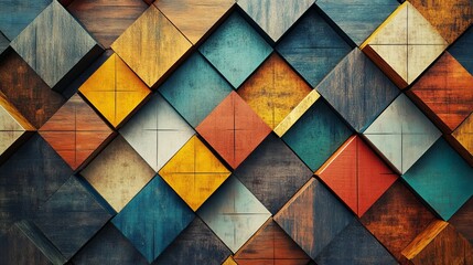 This image highlights a colorful wooden geometric pattern, enhanced with rustic textures, offering a blend of traditional style and imaginative modern design.