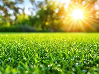 Naklejka premium Sunlit grassy field or Lawn with morning dew in close-up view.