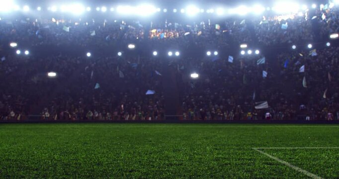 4k video of a professional football stadium with animated crowd at night. The stadium was made in 3d.