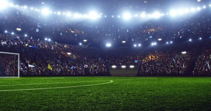 4k video of a professional football stadium with animated crowd at night. The stadium was made in 3d.