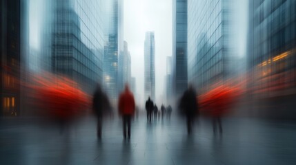 Blurred silhouettes of people walking through a modern city with towering skyscrapers