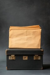Vintage suitcase with stack of envelopes on a dark background