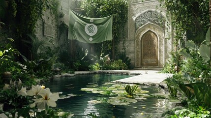 A lush, green courtyard with a reflecting pool and ornate stonework.