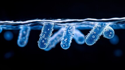 A cluster of underwater bubbles suspended in a serene blue environment, exhibiting their spherical forms and delicate translucence under light.