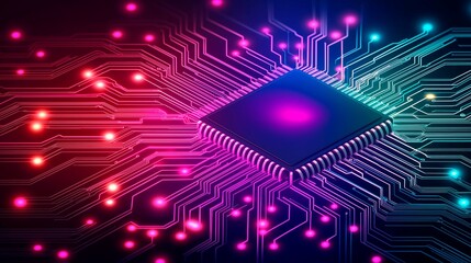 Obraz premium A vibrant microprocessor surrounded by glowing circuit paths, showcasing the intricate dance of technology in a digital universe during a futuristic concept