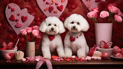 Cute white dogs in valentines day heart-themed setting with pink roses