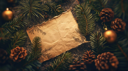 Vintage Christmas card on a background of pine branches and Christmas decorations