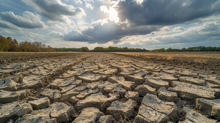 Desolate landscape featuring parched soil under dramatic cloudy sky