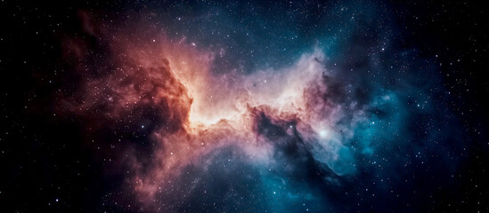 A nebula in space, a starry sky, and swirling dust clouds in shades of pink and blue.