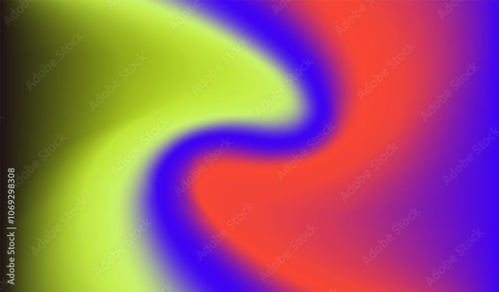 Poster Blurred gradient swirl in shades of blue, red and yellow, creating a flowing and dynamic sense of movement. Vector illustration exudes an ethereal energy, reminiscent of cosmic lights.