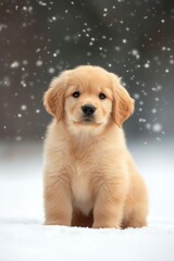 Adorable golden retriever puppy in snowy winter wonderland
