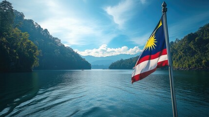 A Malaysian flag waves proudly against a backdrop of lush green mountains and calm blue waters.