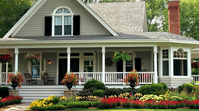 A gray house with a white porch and a brick chimney is surrounded by colorful flower beds and lush green grass