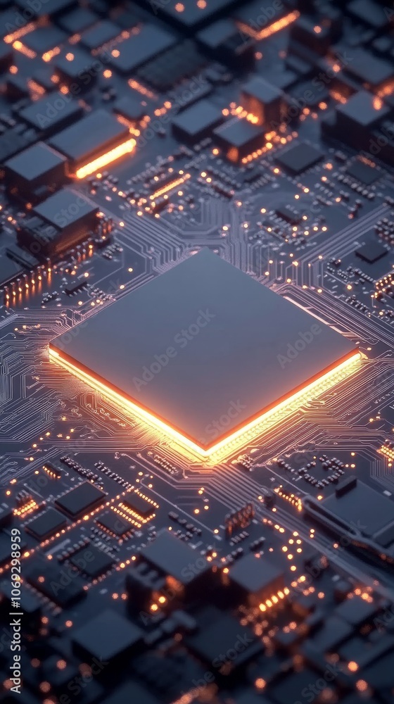 Aufkleber close-up of glowing microchip on a circuit board, technology concept