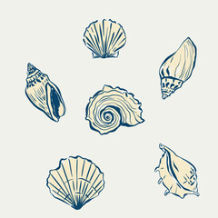 Vector seashell doodles. Hand-drawn oysters and shells isolated on beige background. Tasty food for design, print, fabric or background.