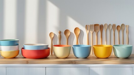 Wooden Utensils and Colorful Bowls