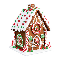 A gingerbread house with candy canes and peppermints on the roof on transparent background