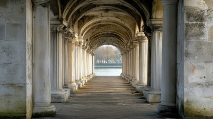 Obraz premium Historic Stone Archway Leading to the River on a Calm Day with Gentle Light and Autumn Colors