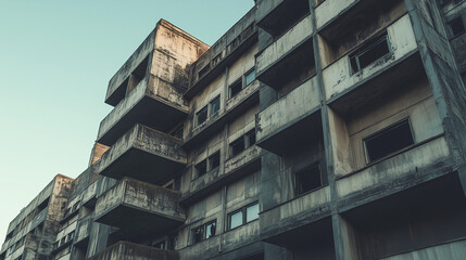 Obraz premium Balconies Low-angle view of a weathered, brutalist concrete building with empty, dark windows against a clear sky