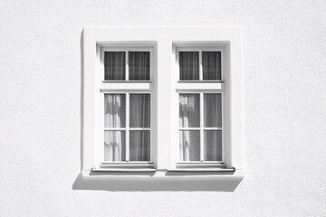 Obraz premium Two white-framed windows on a smooth white wall casting soft geometric shadows in bright daylight 