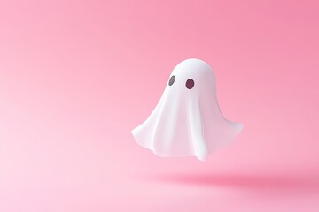 A whimsical ghost floats gently in a serene pink backdrop, capturing the essence of playful spookiness during a dreamy moment