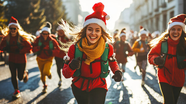 A Christmas charity run event, with participants dressed in festive costumes raising money for a cause.