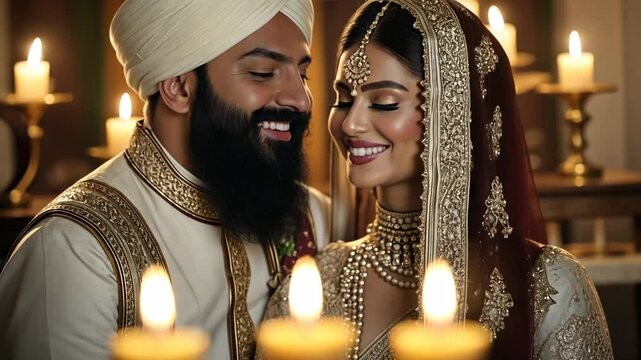 A newly married couple looks lovingly at each other, surrounded by the warm glow of candles in a beautiful, traditional setting