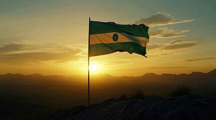 A flag waves proudly in the wind against a backdrop of a stunning sunset over a mountain range.