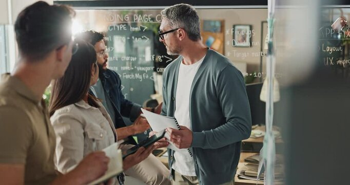 Business, people or team with presentation by whiteboard for planning user interface system or code review for website development. Web developer, manager or employees with notes on webpage software